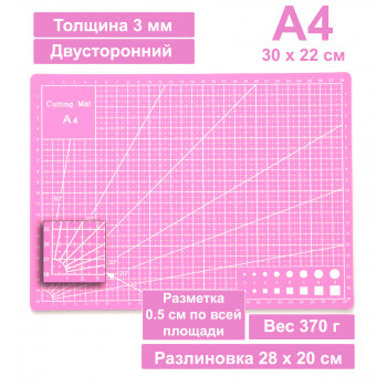 Набор розовых ковриков (матов) для резки А2, A3, A4 , двусторонние, самовосстанавливающиеся, 3-слойные, розовые
